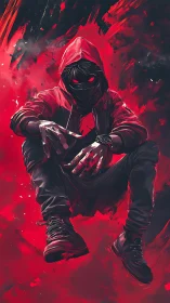 Crimson hooded hacker brooding in a storm of neon fury.