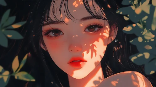 Sun-dappled gaze amid quiet leaves and whispered light.