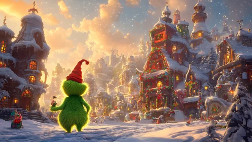 Festive green creature in luminous snowy Christmas village.