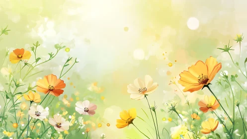 Soft-focus cosmos and wildflowers blooming in warm sunlit garden setting