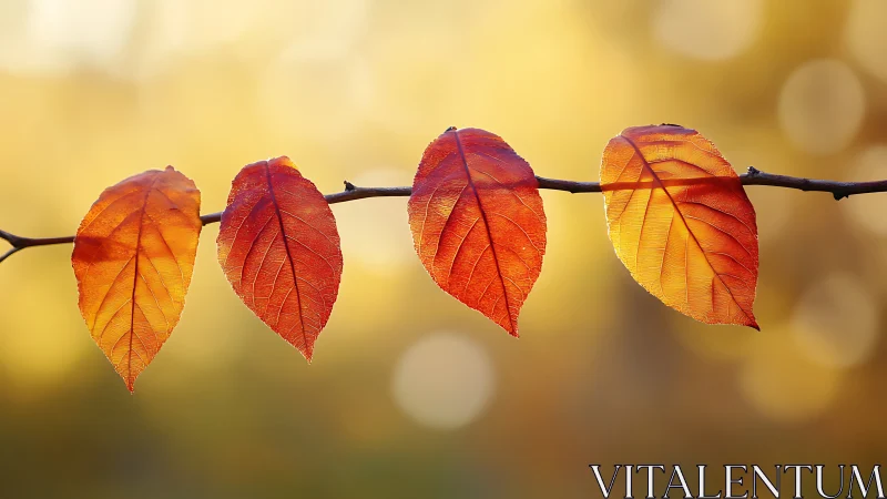 Four orange autumn leaves hang aligned on a thin branch