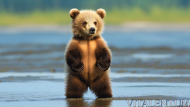 Curious baby bear stands bright and brave by the water