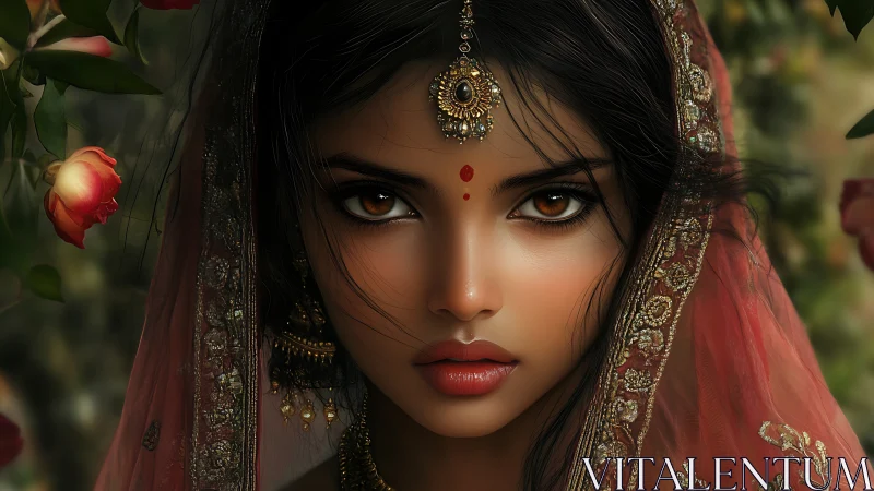 Bridal portrait with jeweled veil and intense cinematic gaze.