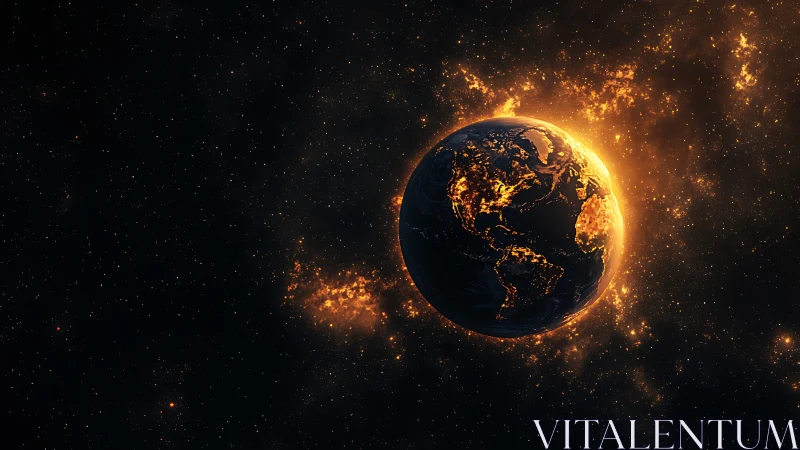 Burning Earth glows against dense starfield in deep space