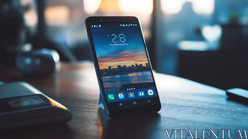 Android smartphone displaying cityscape wallpaper on desk.