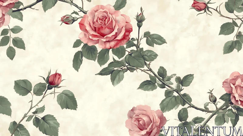 Vintage watercolor rose pattern renders delicate climbing stems