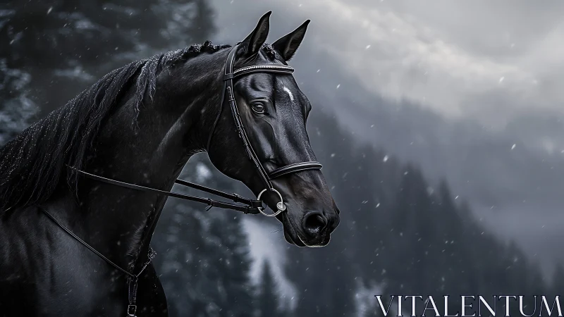 Midnight horse in gentle mountain snowfall stillness.
