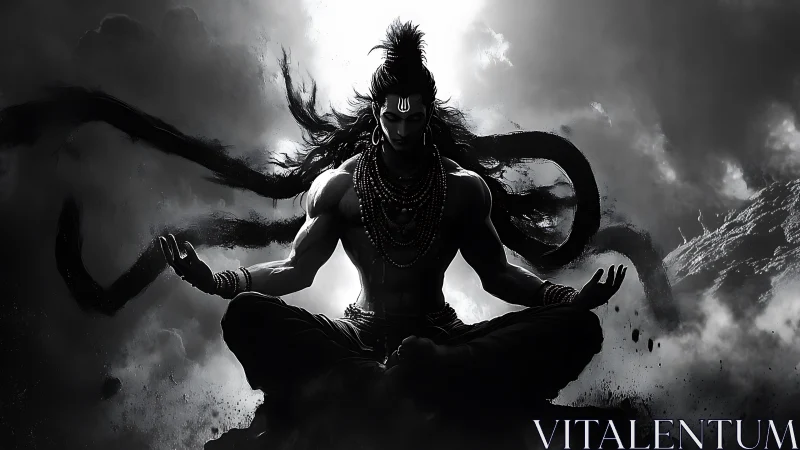 Monochrome ascetic deity in turbulent atmospheric meditation.