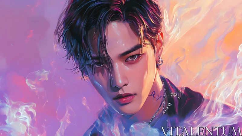 Fiery gaze amid soft neon clouds and glowing color swirls.