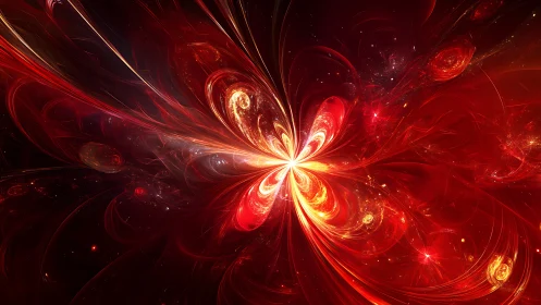 Radiant cosmic blossom erupts with swirling red energy.
