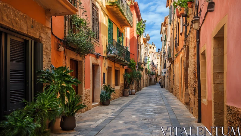 Mediterranean alleyway glows with warm facades and plants.