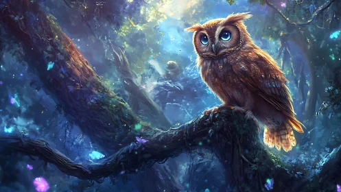 Bright-eyed forest owl resting in a softly glowing glade.
