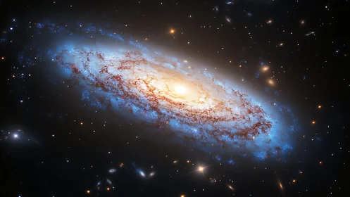Spiral galaxy core blazing in vivid blue star clouds.