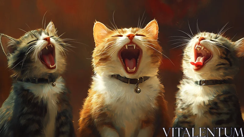 Three Yawning Cats with Fangs in Warm Golden Light.