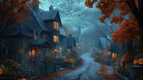 Cozy Halloween village street glowing with gentle spooky charm.