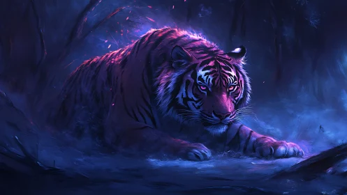 Neon dusk prowls through the eyes of a spectral tiger