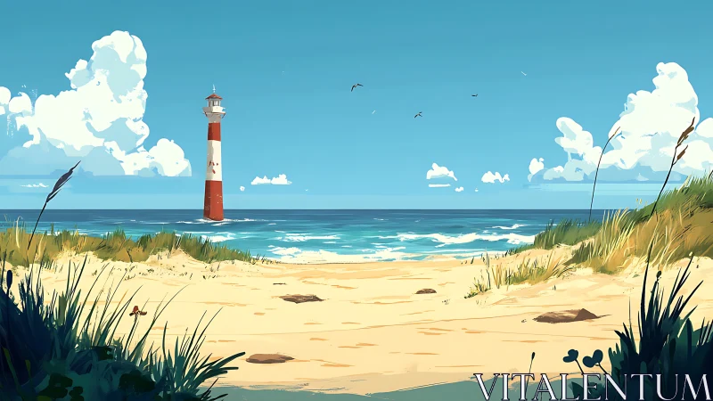 Serene Lighthouse Watches Over Tranquil Beach Paradise