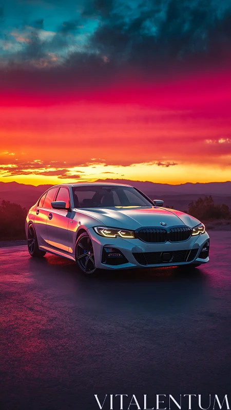 Sunset highway elegance with silver sports sedan gleaming.
