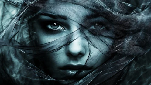 Veiled monochrome portrait isolates eyes through gauzed motion