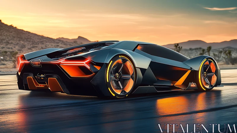 Futuristic supercar blazes across desert highway at sunset