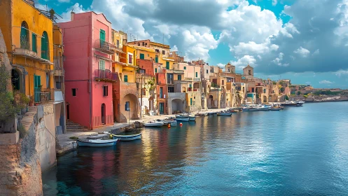 Harbor of painted houses basking beside glassy turquoise water.