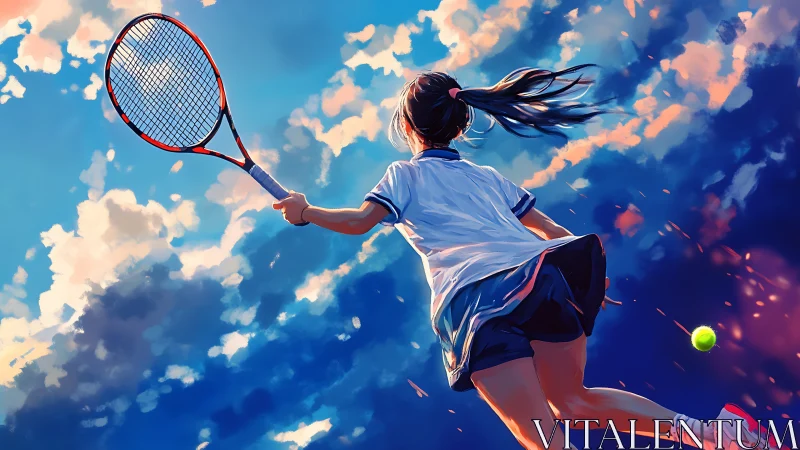 Dynamic low-angle tennis serve against vibrant sunset sky
