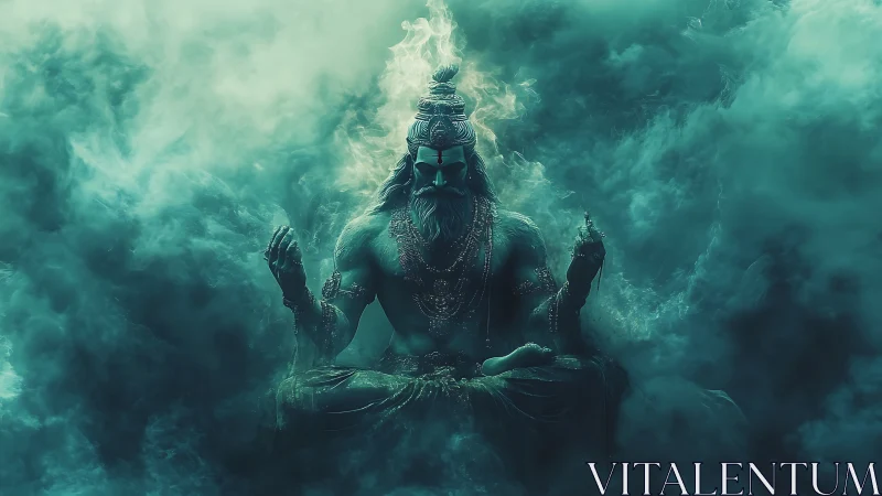 Meditating humanoid figure in dense teal atmospheric cloud.