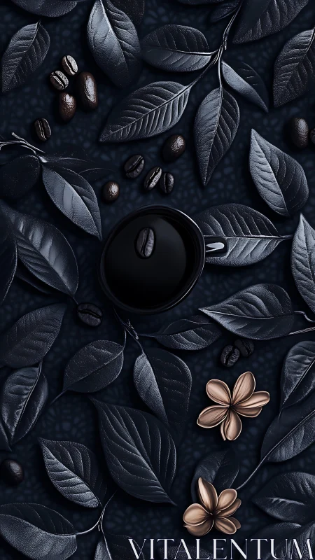 Dark cup of coffee amid stylized leaves and beans pattern.