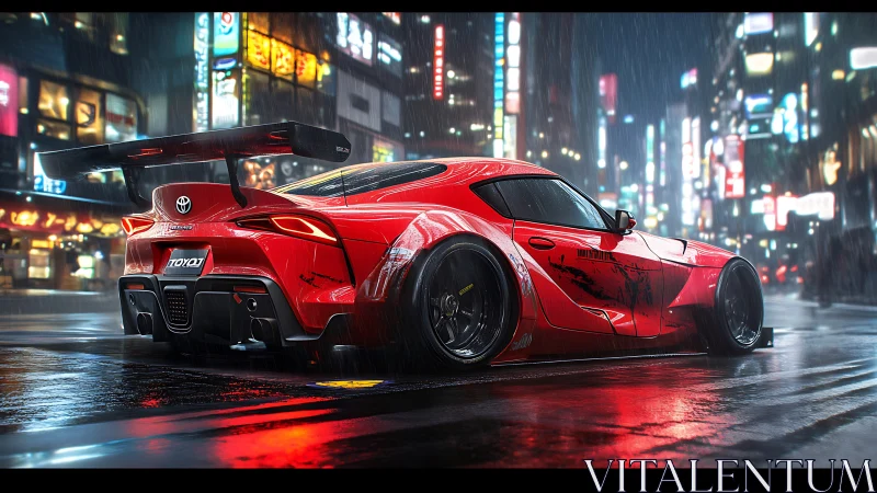 Widebody red tuner coupe under neon-lit rain with wet specular reflections