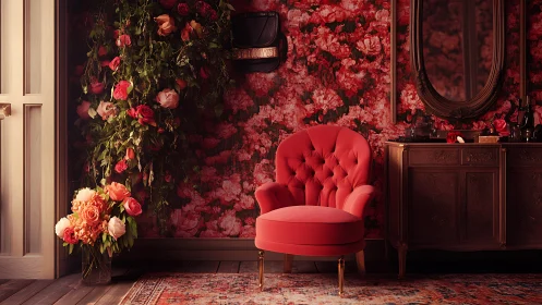 Velvet coral armchair in romantic rose wallpaper interior.