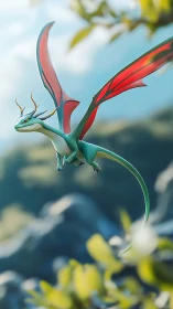 Aerodynamic emerald dragon in mid-flight over soft forest valley