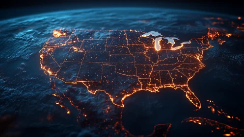 Luminous US map wired in fiery neon across a sleeping Earth.
