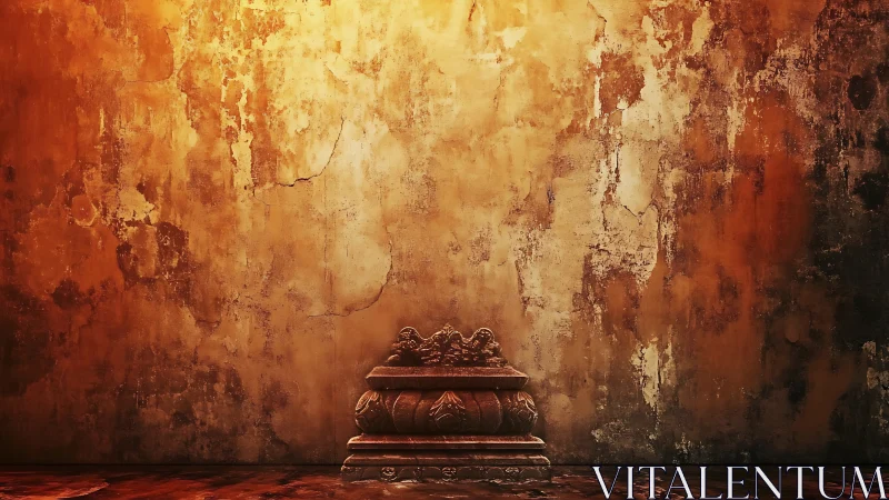 Weathered plaster wall frames ornate empty pedestal base in warm light