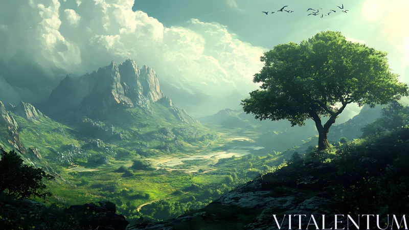 Solitary hilltree guarding a sunlit emerald valley dreamscape.