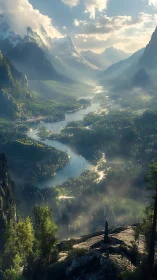 Sunlit alpine valley with winding river and distant peaks.