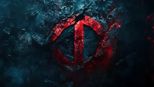Cracked red emblem glows through dark stone surface dramatically.
