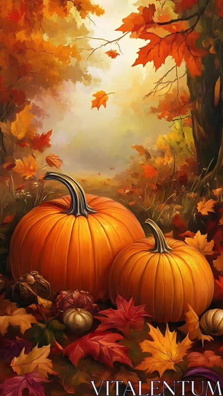 Golden pumpkins glow amid vibrant autumn forest leaves.