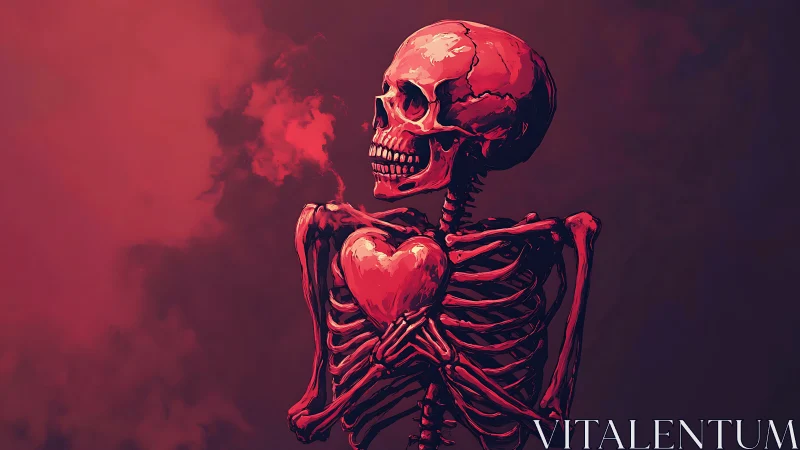 Red skeletal figure clutching glowing heart on dark red.