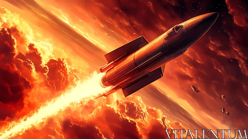 Rocket ascends through dense orange clouds at steep angle