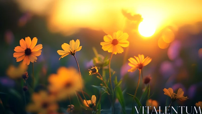 Golden Daisies at Sunset in Warm Bokeh Light.