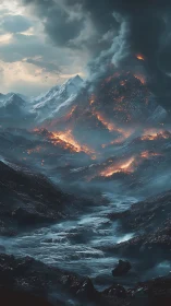 Molten mountain argues with an icy river below