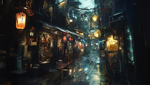 Rain-soaked urban alleyway with illuminated shopfronts.