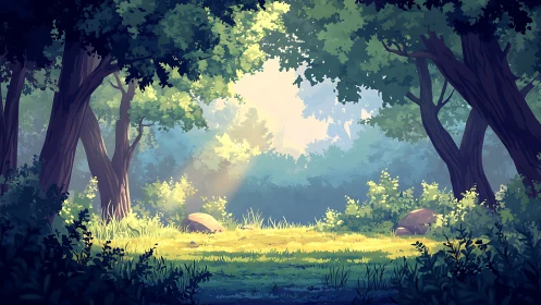 Forest Clearing with Mature Trees and Dappled Light