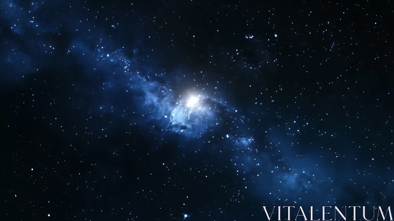Deep blue star field with bright galactic core glow.