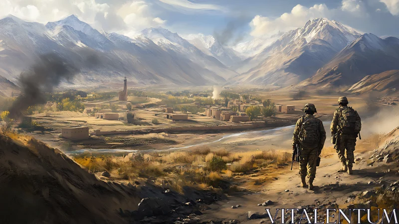 Soldiers descend toward a fragile valley village in war haze.