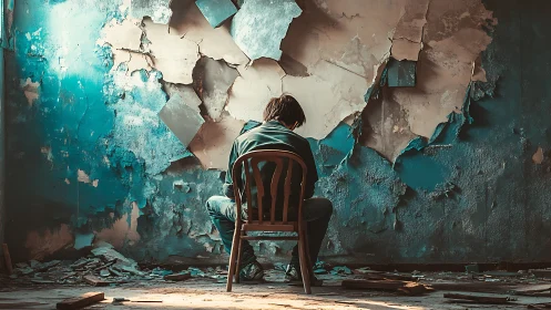 Quiet reflection in a crumbling, teal-tinted room of memory.