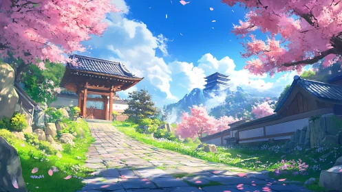 Sunlit temple path beneath drifting cherry blossoms.