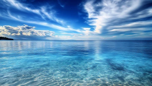 Sunlit turquoise sea stretches beneath swirling blue skies