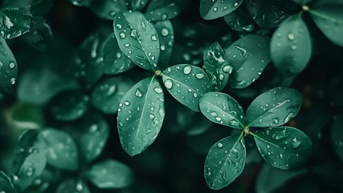 Rain covered green leaves in closeup natural background.