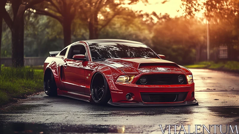 Widebody red muscle car with aggressive stance on wet asphalt